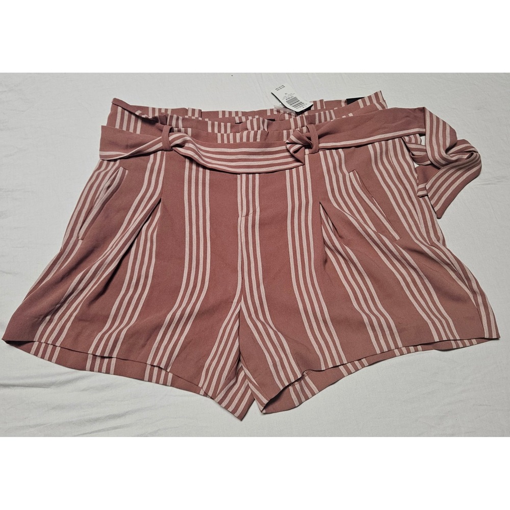 Torrid Rose Stripe Tie Front Shorts Womens 14 Pink Paperbag Waist Casual New